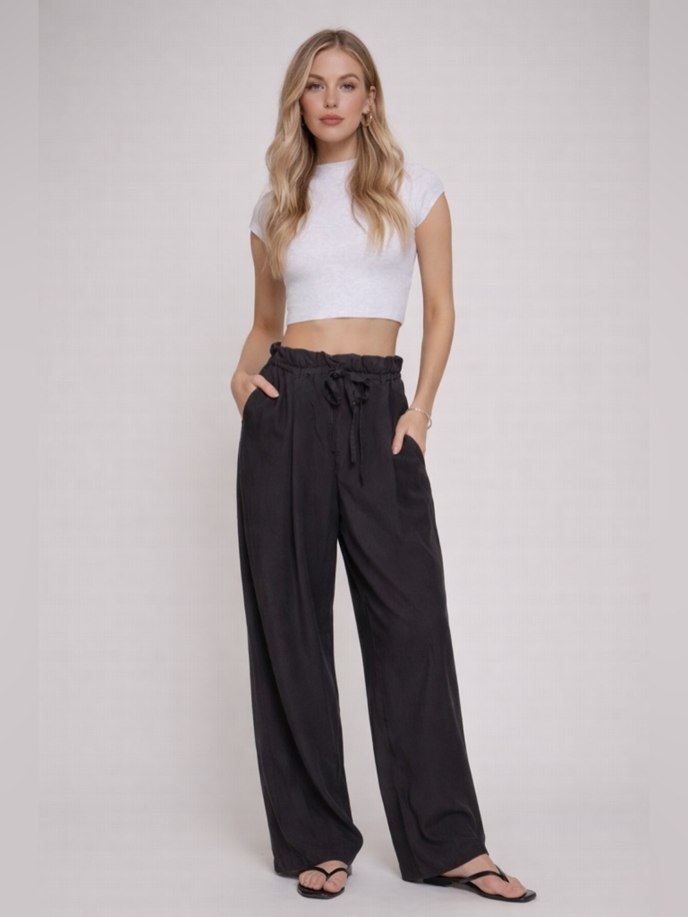 NWT Paperbag Belt-tie Lyocell Straight Leg Long Pants - Charcoal